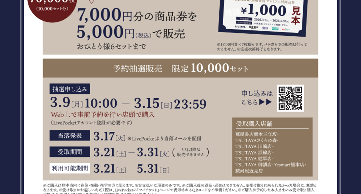 熊本市プレミアム付商品券発行支援事業 『TSUTAYA/蔦屋書店/駿河屋/Yesmart』で利用できるプレミアム付商品券を販売します!